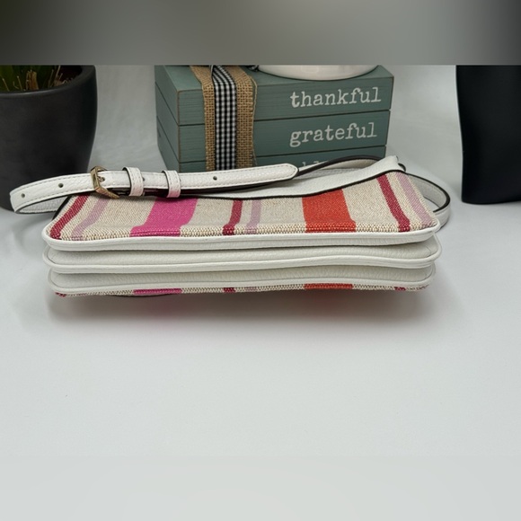 Kate Spade Leila Striped Canvas Triple Gusset Crossbody bag pebbled leather trim - Picture 4 of 10